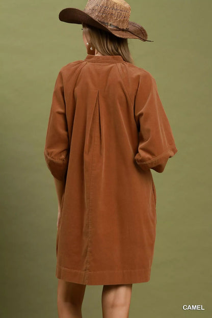 Umgee Corduroy V-Neck Puff Sleeve Shift Dress with Pockets - Bitsy Gypsy Boutique