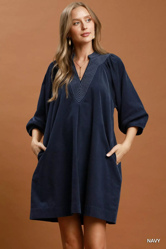 Umgee Corduroy V-Neck Puff Sleeve Shift Dress with Pockets - Bitsy Gypsy Boutique
