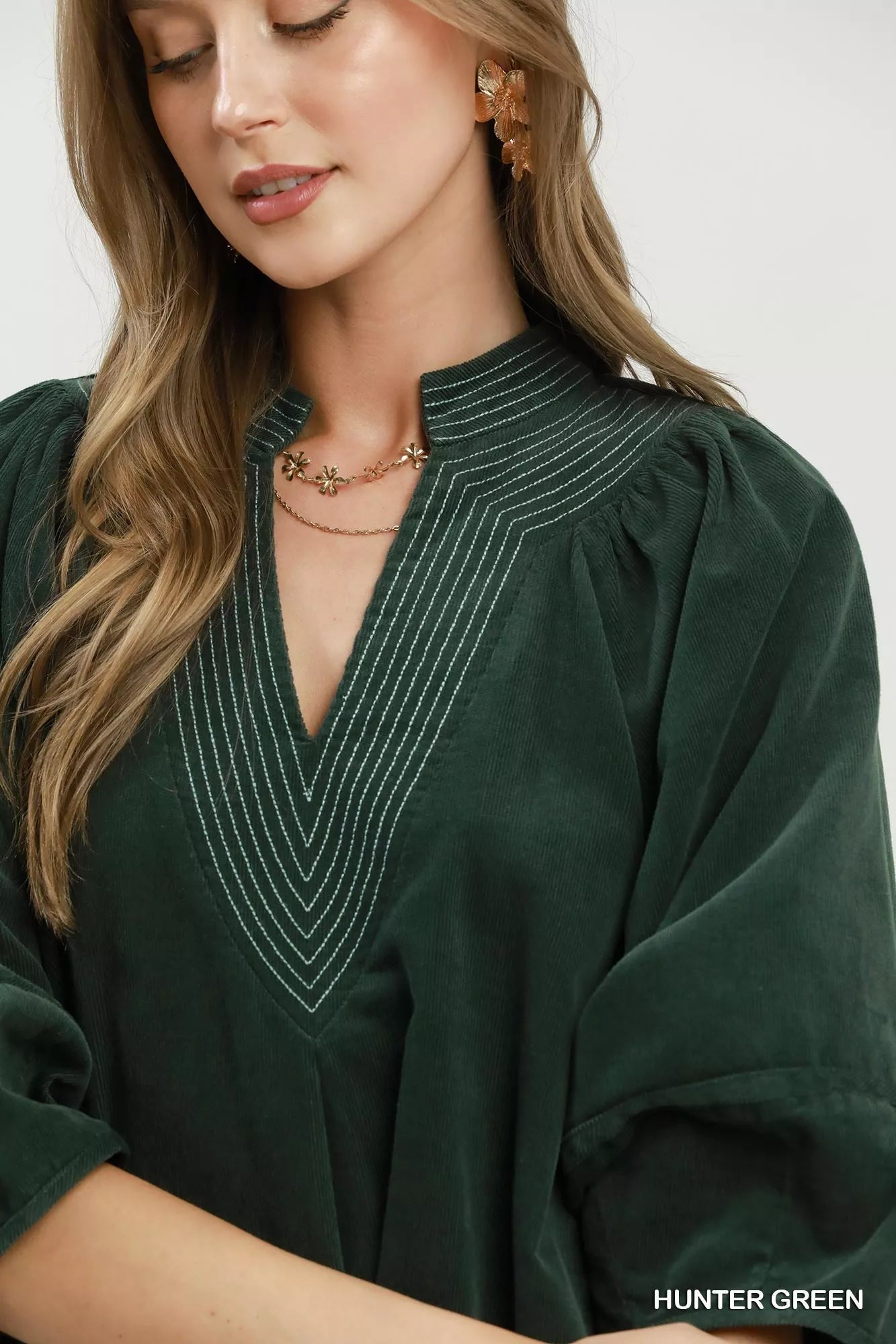 Umgee Corduroy V-Neck Puff Sleeve Shift Dress with Pockets - Bitsy Gypsy Boutique