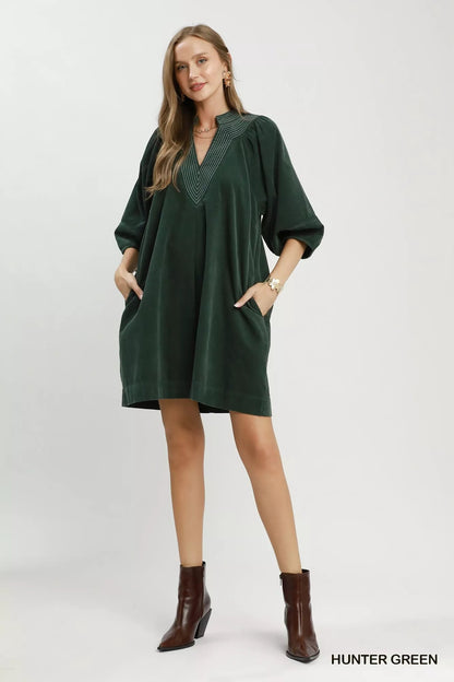 Umgee Corduroy V-Neck Puff Sleeve Shift Dress with Pockets - Bitsy Gypsy Boutique