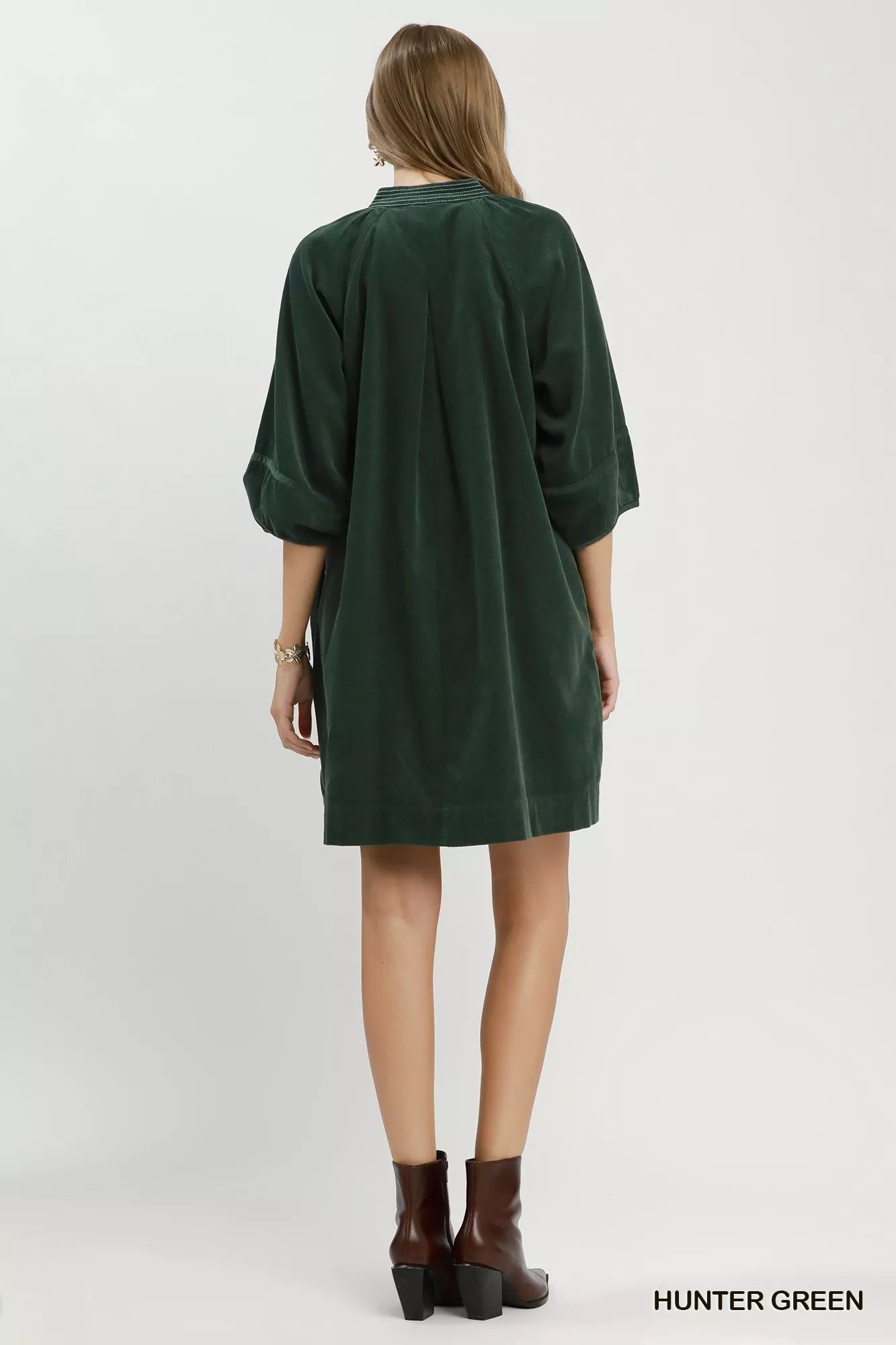 Umgee Corduroy V-Neck Puff Sleeve Shift Dress with Pockets - Bitsy Gypsy Boutique