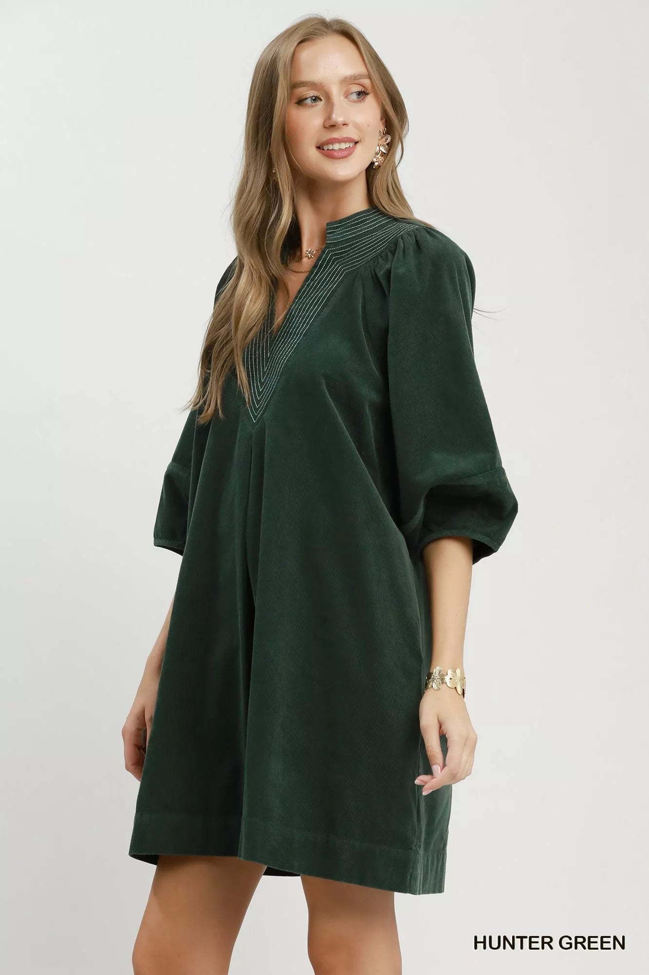 Umgee Corduroy V-Neck Puff Sleeve Shift Dress with Pockets - Bitsy Gypsy Boutique