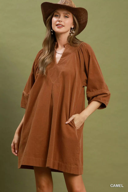 Umgee Corduroy V-Neck Puff Sleeve Shift Dress with Pockets - Bitsy Gypsy Boutique