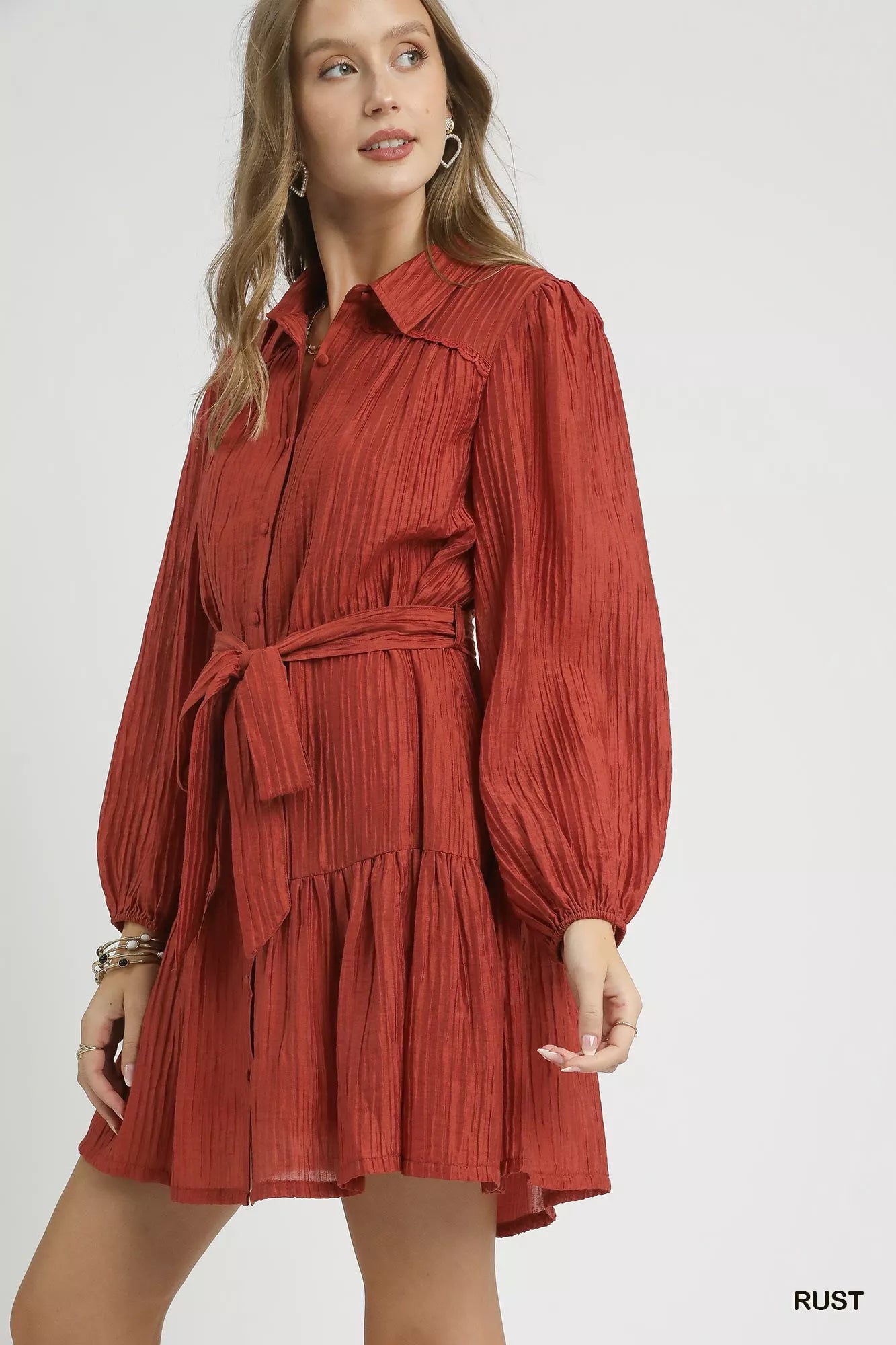 Umgee Crinkle Button - Front Tiered Mini Dress with Waist Tie - Bitsy Gypsy Boutique