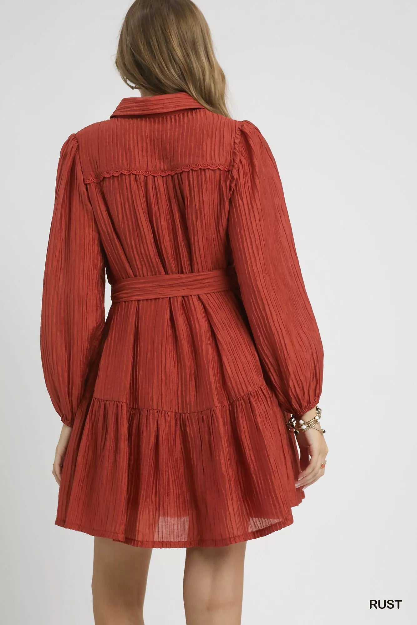 Umgee Crinkle Button - Front Tiered Mini Dress with Waist Tie - Bitsy Gypsy Boutique