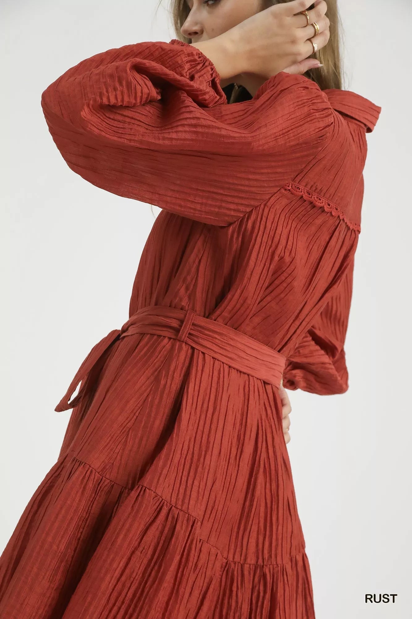 Umgee Crinkle Button - Front Tiered Mini Dress with Waist Tie - Bitsy Gypsy Boutique