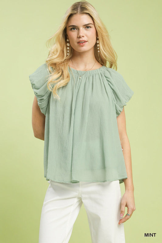 Umgee Crinkle Flutter Sleeve Peasant Top - Bitsy Gypsy Boutique