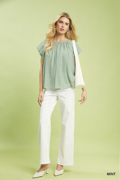 Umgee Crinkle Flutter Sleeve Peasant Top - Bitsy Gypsy Boutique