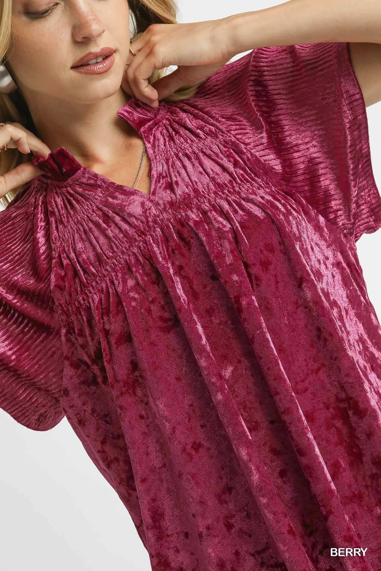 Umgee Crushed Velvet Pleated Blouse - Bitsy Gypsy Boutique