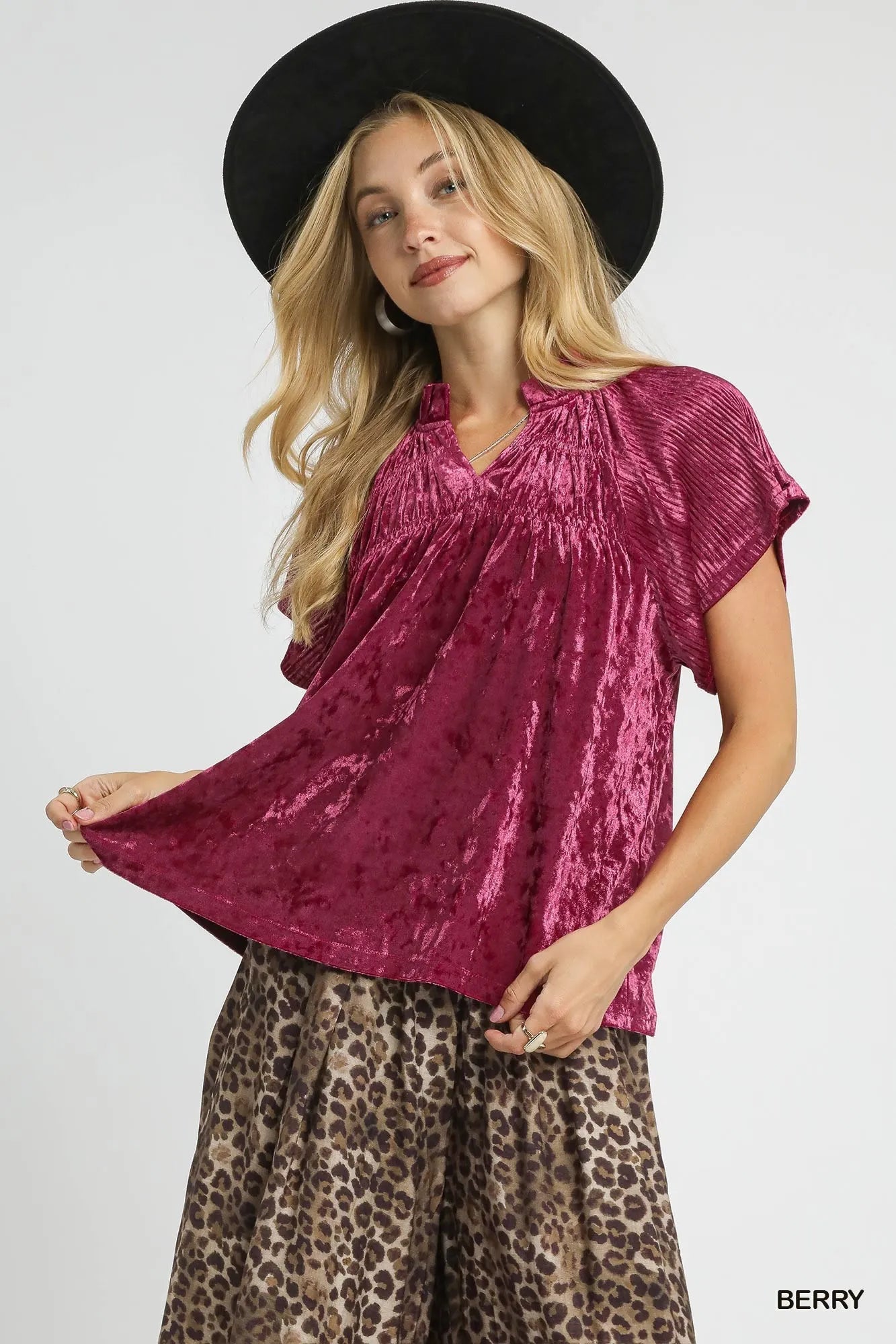 Umgee Crushed Velvet Pleated Blouse - Bitsy Gypsy Boutique