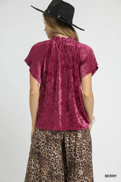 Umgee Crushed Velvet Pleated Blouse - Bitsy Gypsy Boutique