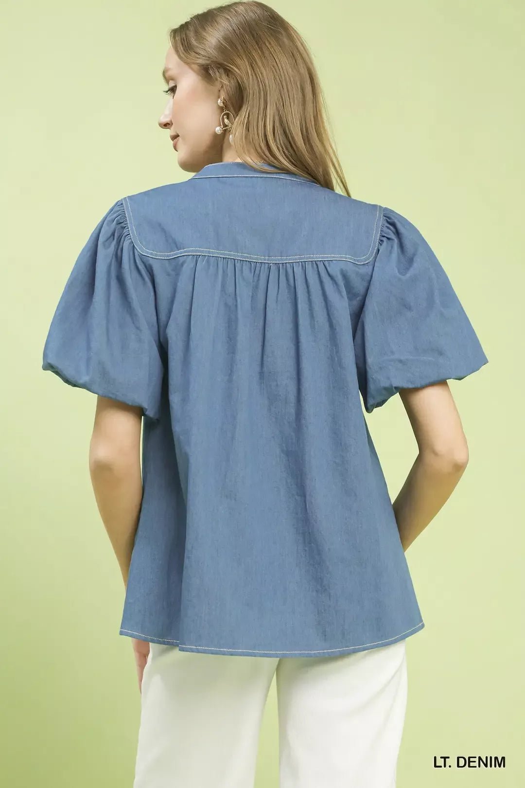 Umgee Denim Button Front Puff Sleeve Boho Blouse - Bitsy Gypsy Boutique