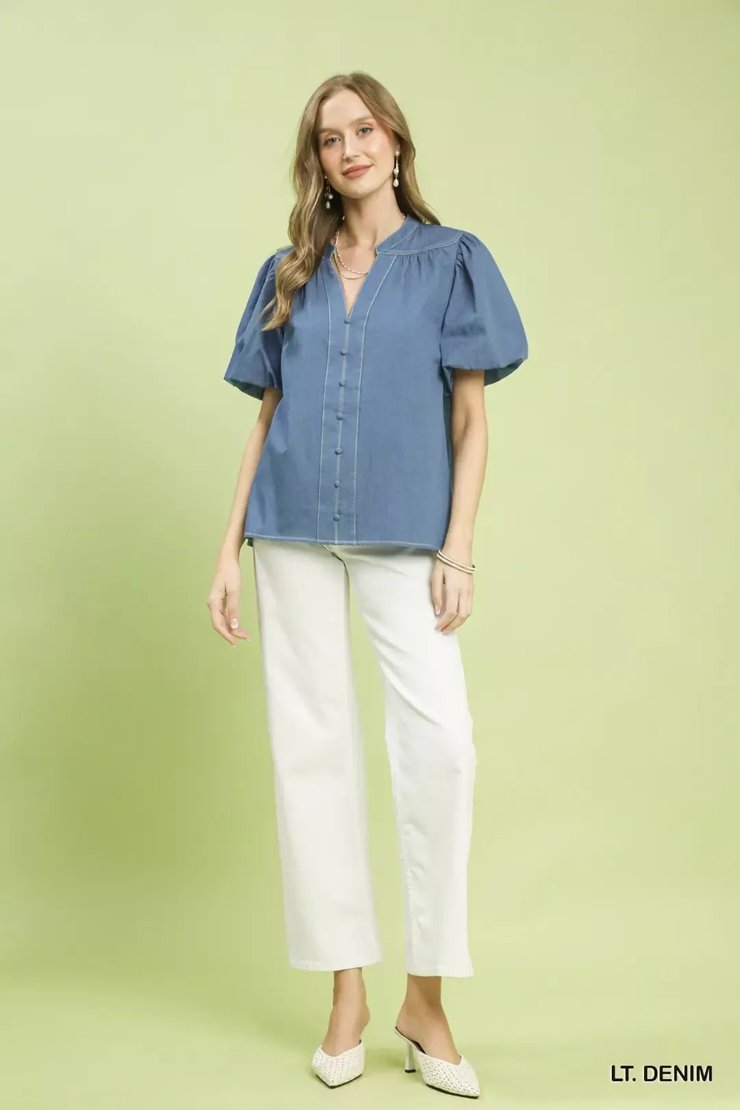 Umgee Denim Button Front Puff Sleeve Boho Blouse - Bitsy Gypsy Boutique