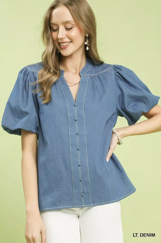 Umgee Denim Button Front Puff Sleeve Boho Blouse - Bitsy Gypsy Boutique