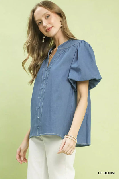 Umgee Denim Button Front Puff Sleeve Boho Blouse - Bitsy Gypsy Boutique