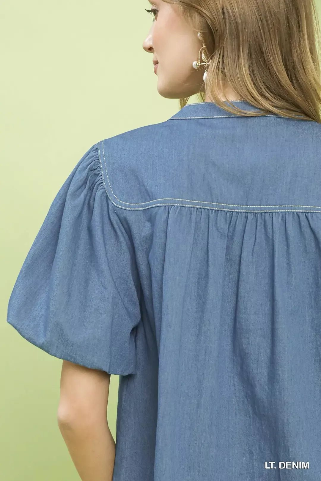 Umgee Denim Button Front Puff Sleeve Boho Blouse - Bitsy Gypsy Boutique