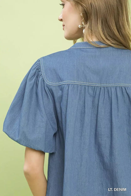 Umgee Denim Button Front Puff Sleeve Boho Blouse - Bitsy Gypsy Boutique