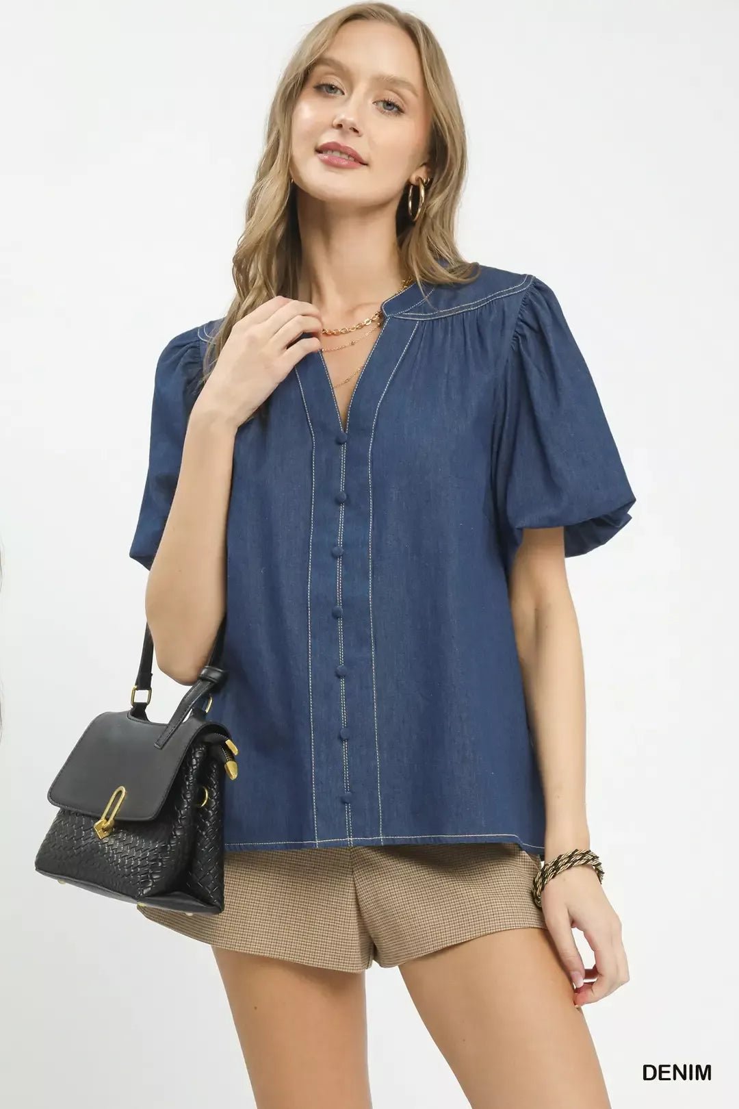 Umgee Denim Button Front Puff Sleeve Boho Blouse - Bitsy Gypsy Boutique