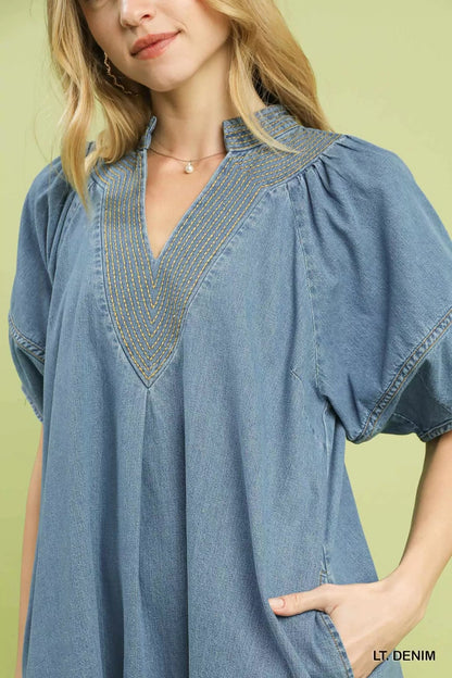 Umgee Denim Mini Dress with Contrast Thread - Bitsy Gypsy Boutique