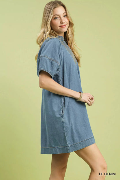 Umgee Denim Mini Dress with Contrast Thread - Bitsy Gypsy Boutique