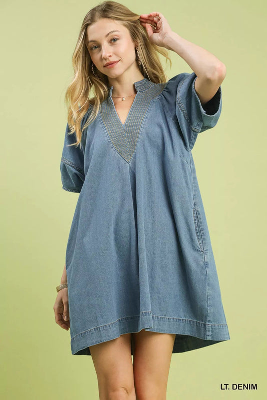 Umgee Denim Mini Dress with Contrast Thread - Bitsy Gypsy Boutique