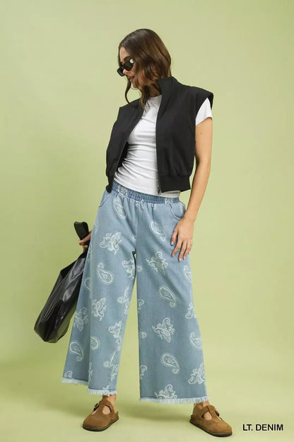 Umgee Denim Paisley Wide - Leg Pants - Bitsy Gypsy Boutique