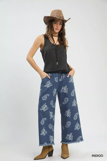 Umgee Denim Paisley Wide - Leg Pants - Bitsy Gypsy Boutique