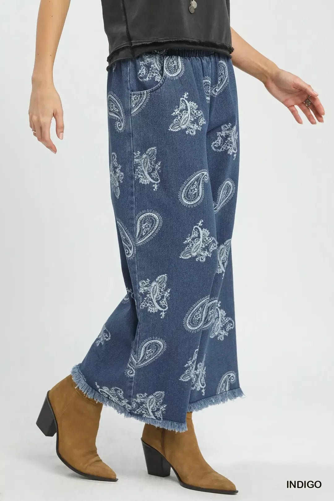 Umgee Denim Paisley Wide - Leg Pants - Bitsy Gypsy Boutique