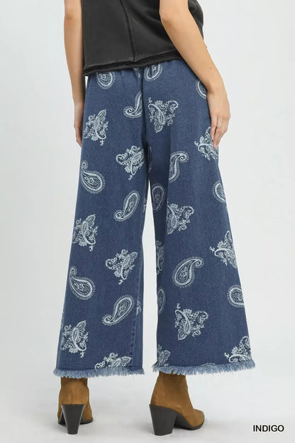Umgee Denim Paisley Wide - Leg Pants - Bitsy Gypsy Boutique