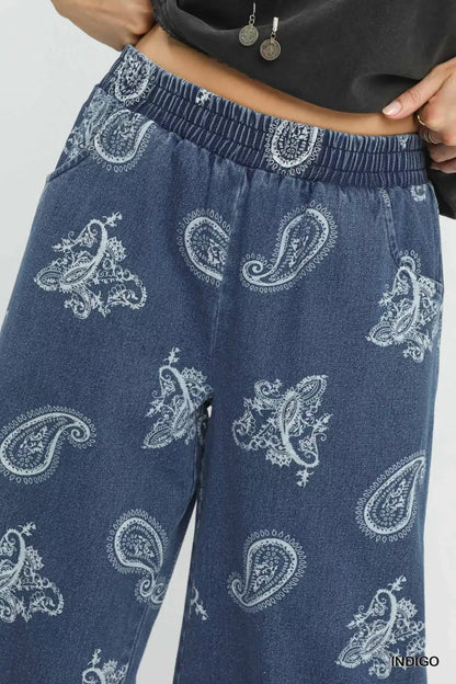 Umgee Denim Paisley Wide - Leg Pants - Bitsy Gypsy Boutique