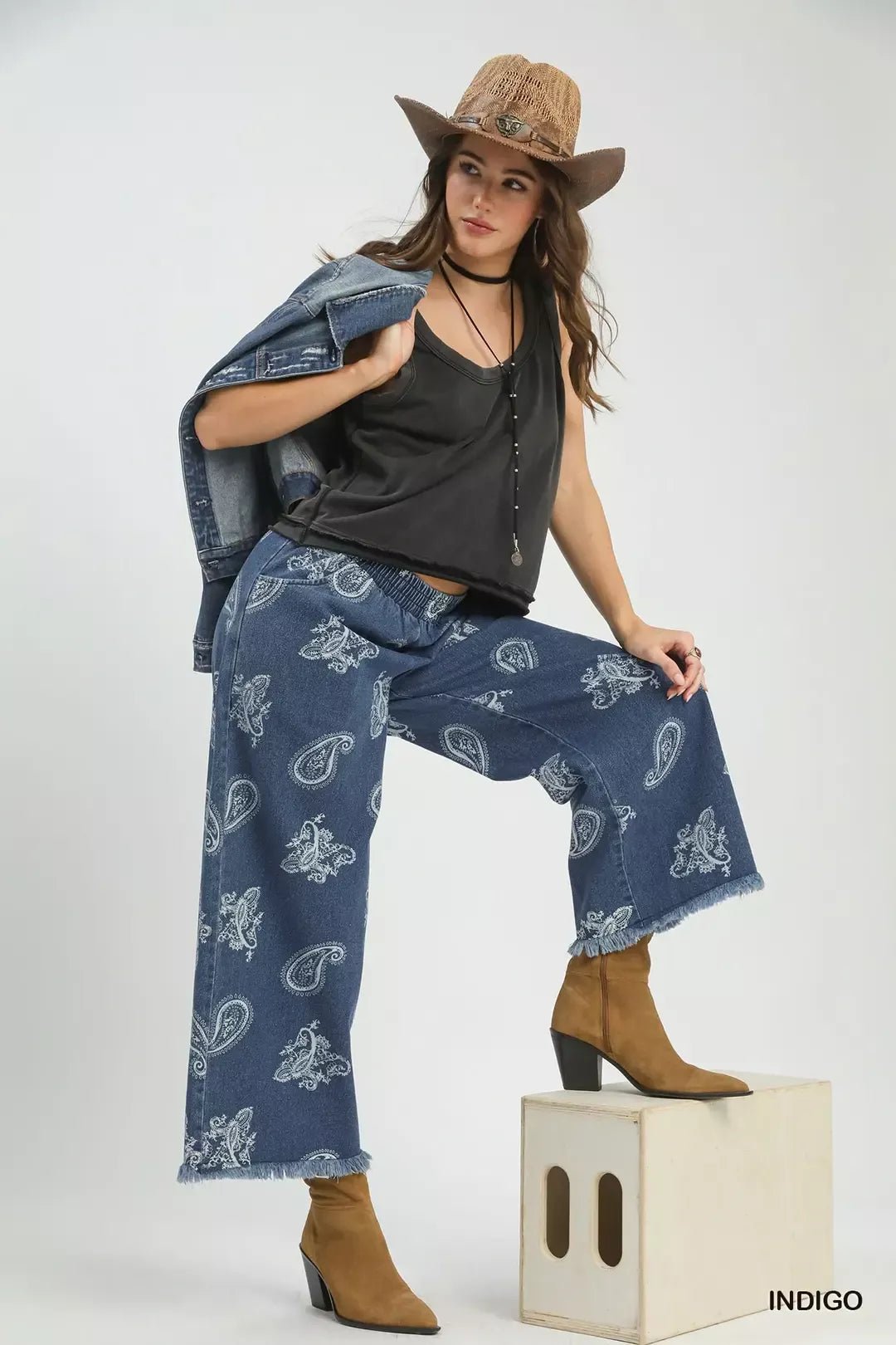 Umgee Denim Paisley Wide - Leg Pants - Bitsy Gypsy Boutique