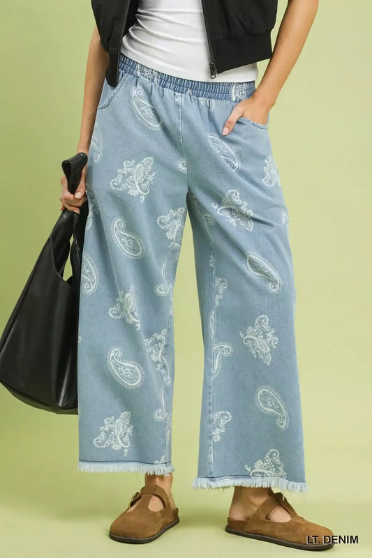 Umgee Denim Paisley Wide - Leg Pants - Bitsy Gypsy Boutique