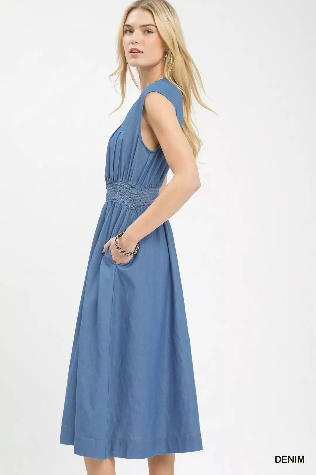 Umgee Denim Sleeveless Zip - Front Smocked Waist Midi Dress - Bitsy Gypsy Boutique
