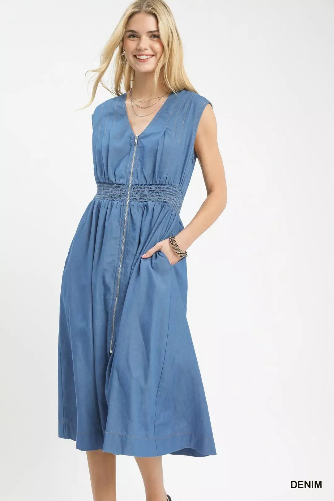 Umgee Denim Sleeveless Zip - Front Smocked Waist Midi Dress - Bitsy Gypsy Boutique