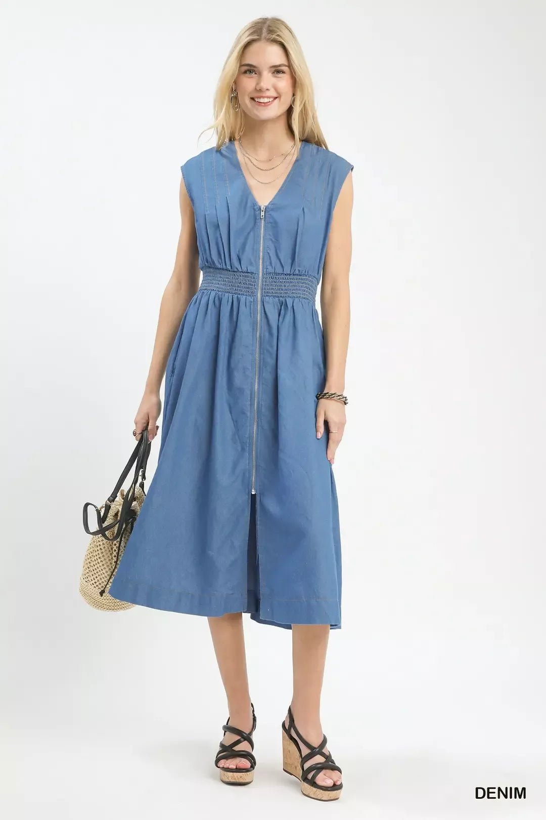 Umgee Denim Sleeveless Zip - Front Smocked Waist Midi Dress - Bitsy Gypsy Boutique