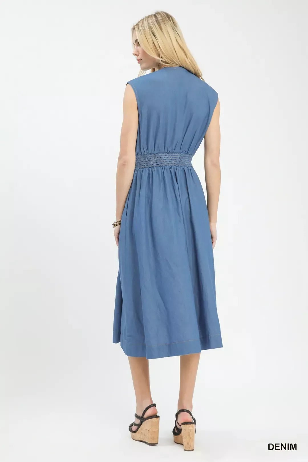 Umgee Denim Sleeveless Zip - Front Smocked Waist Midi Dress - Bitsy Gypsy Boutique