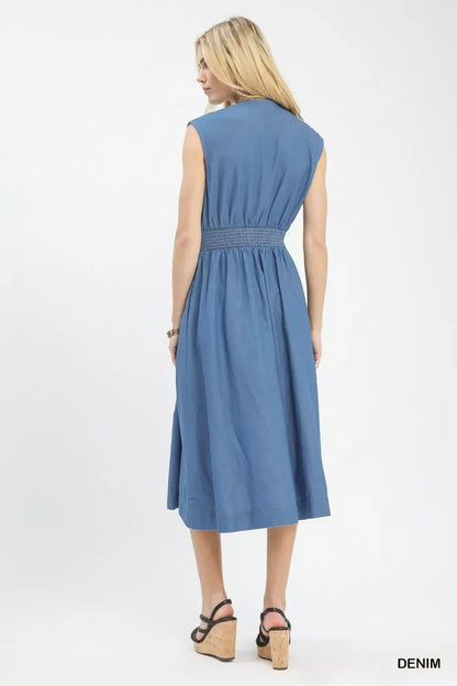 Umgee Denim Sleeveless Zip - Front Smocked Waist Midi Dress - Bitsy Gypsy Boutique