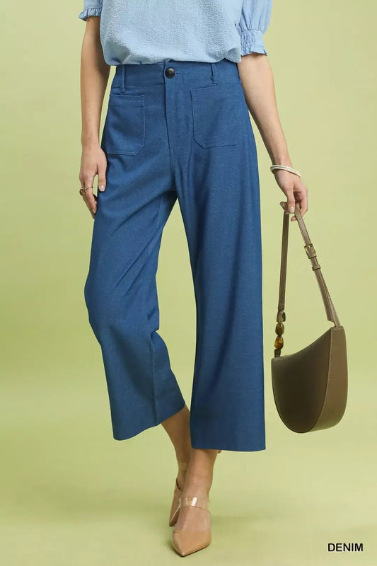 Umgee Denim Wide Leg Crop Pants with Front Pockets - Bitsy Gypsy Boutique