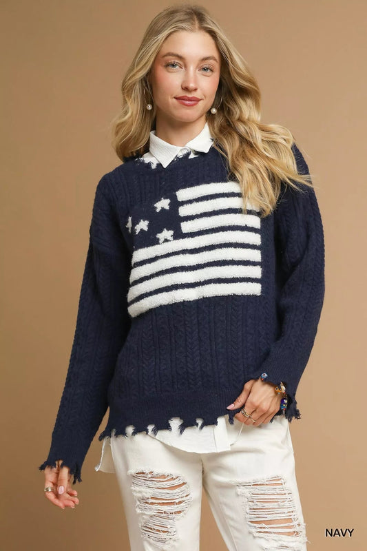 Umgee Distressed American Flag Sweater - Bitsy Gypsy Boutique