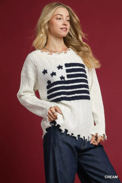 Umgee Distressed American Flag Sweater - Bitsy Gypsy Boutique