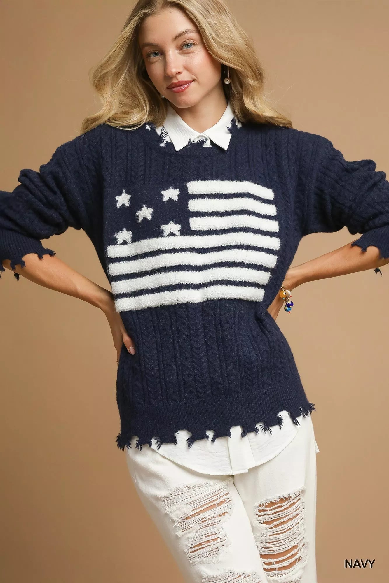 Umgee Distressed American Flag Sweater - Bitsy Gypsy Boutique