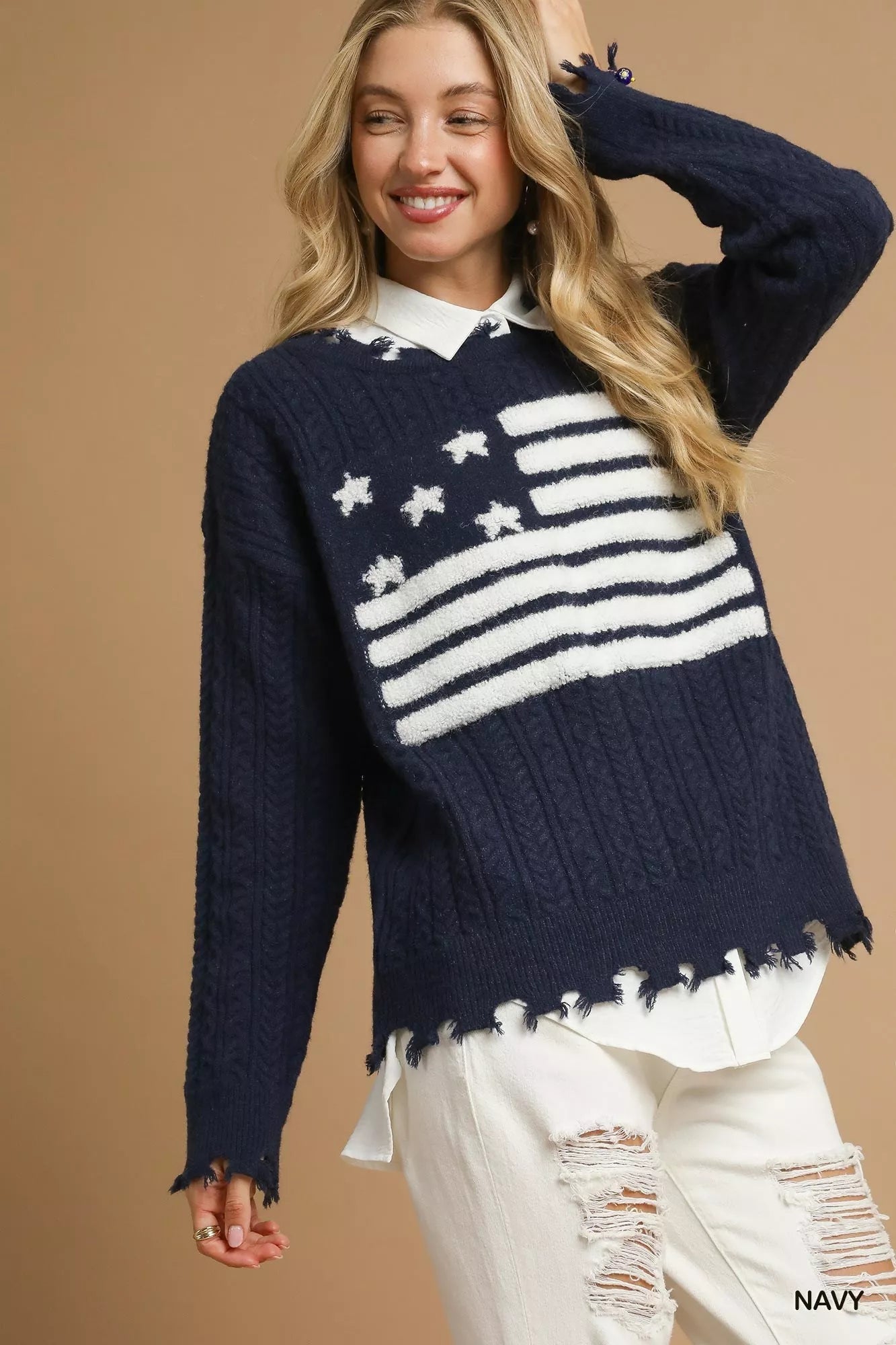 Umgee Distressed American Flag Sweater - Bitsy Gypsy Boutique