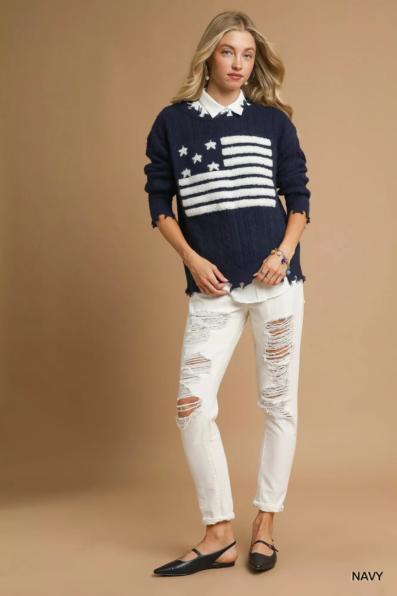 Umgee Distressed American Flag Sweater - Bitsy Gypsy Boutique