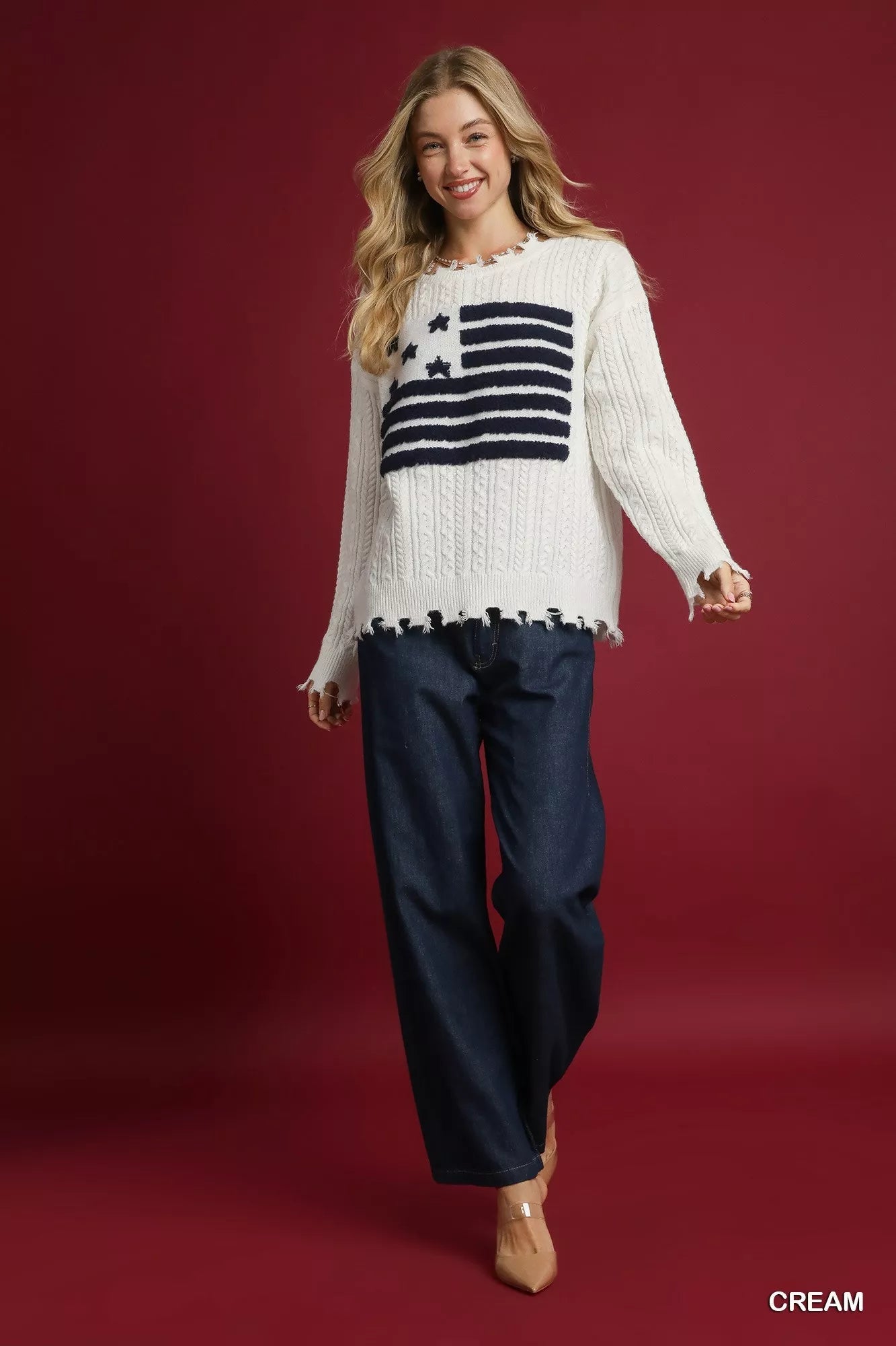 Umgee Distressed American Flag Sweater - Bitsy Gypsy Boutique