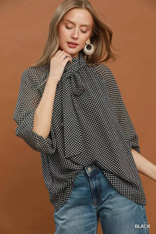 Umgee Dot Print Tie Neck Long Sleeve Blouse - Bitsy Gypsy Boutique