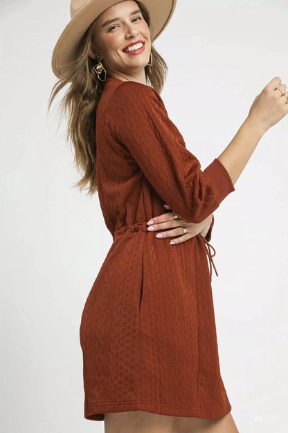 Umgee Drawstring Cable Knit Mini Dress with Pockets - Bitsy Gypsy Boutique