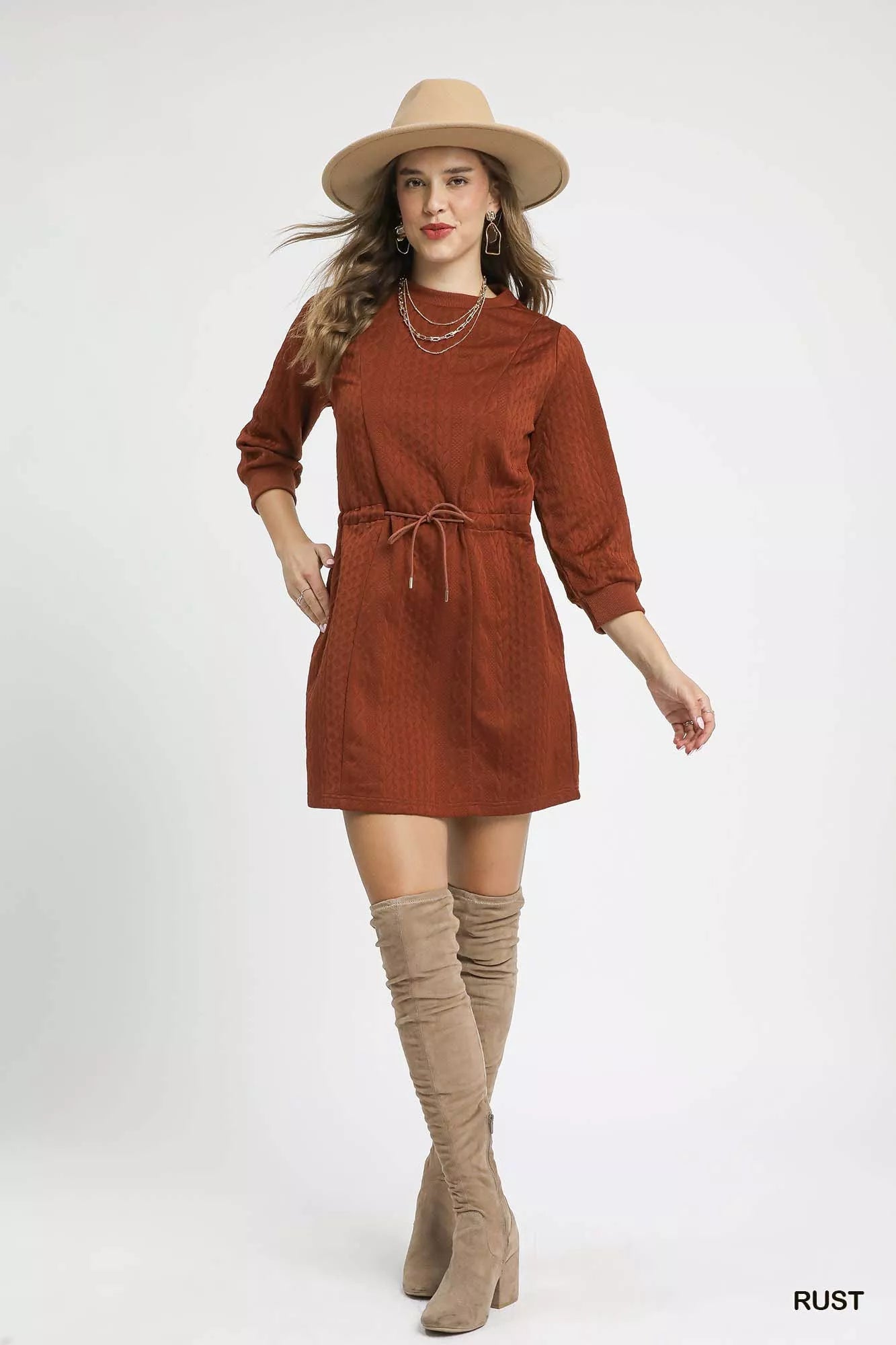 Umgee Drawstring Cable Knit Mini Dress with Pockets - Bitsy Gypsy Boutique