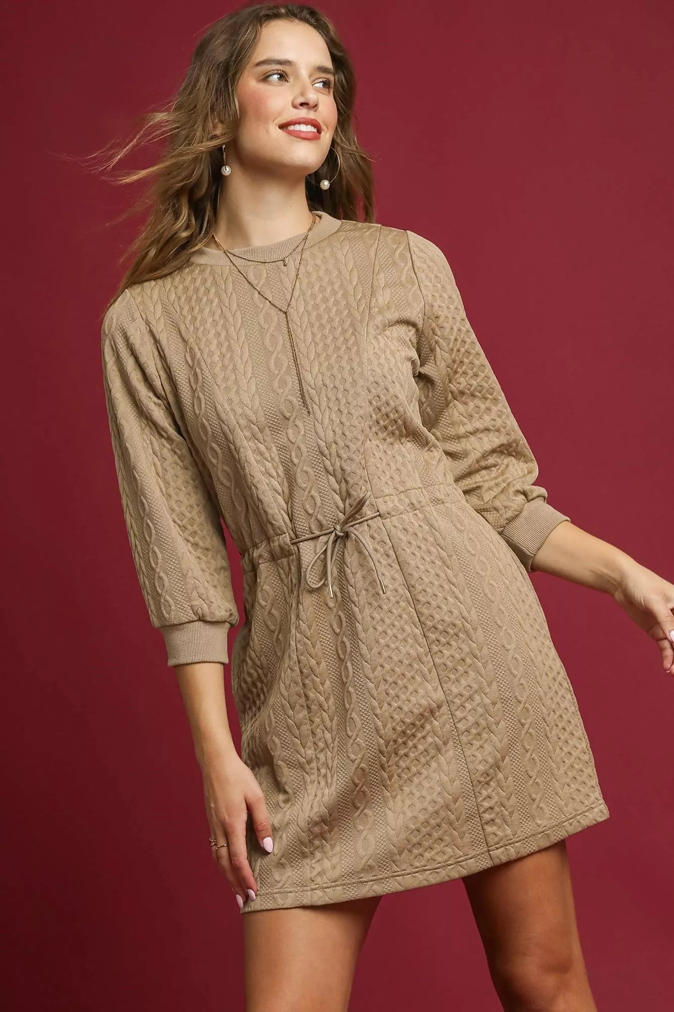 Umgee Drawstring Cable Knit Mini Dress with Pockets - Bitsy Gypsy Boutique