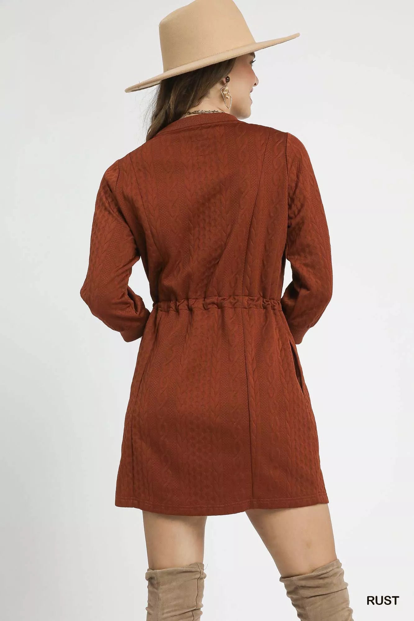 Umgee Drawstring Cable Knit Mini Dress with Pockets - Bitsy Gypsy Boutique