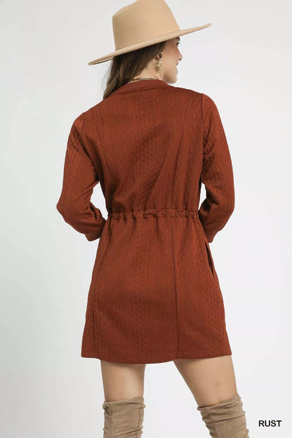 Umgee Drawstring Cable Knit Mini Dress with Pockets - Bitsy Gypsy Boutique